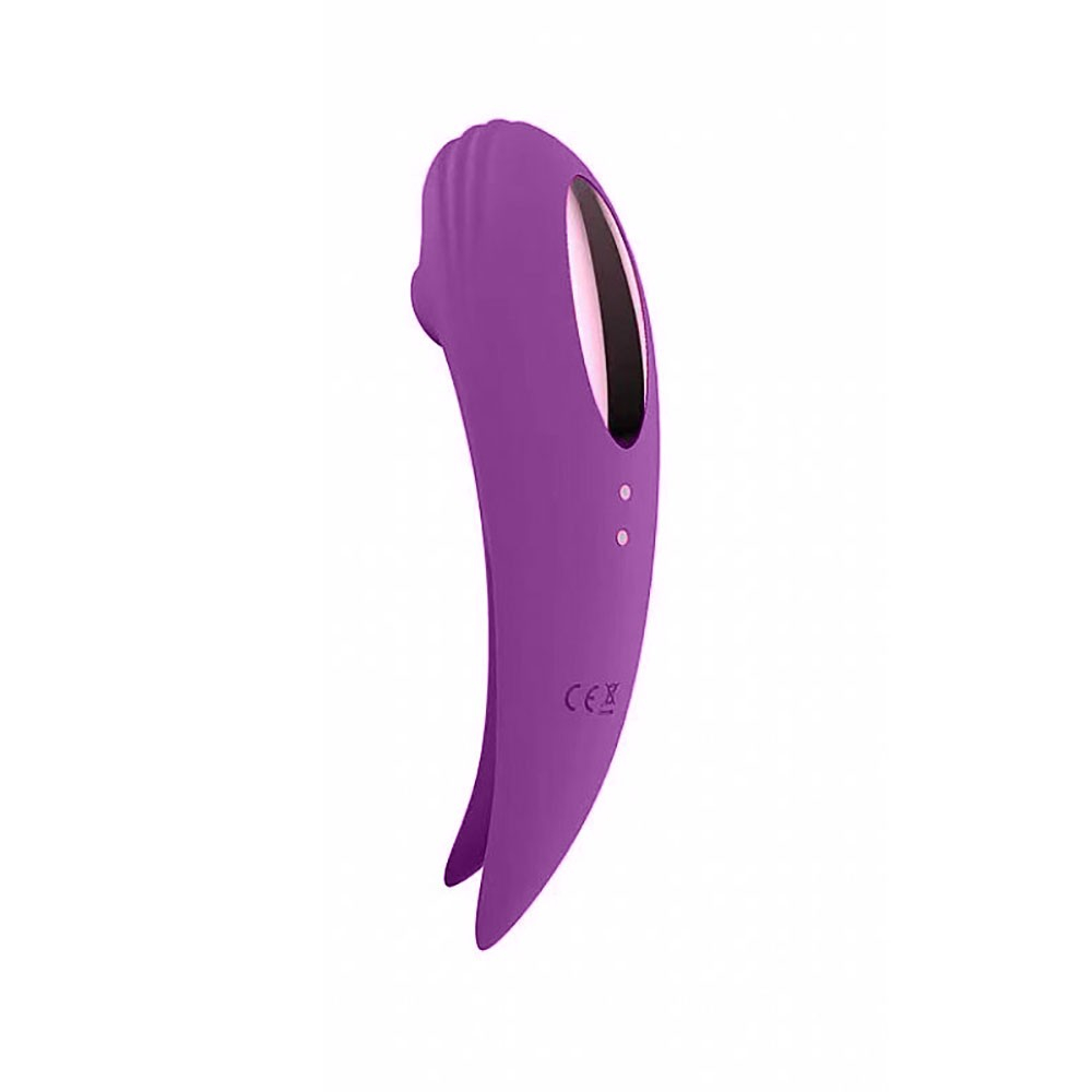 Vibrador para Clit�ris em Silicone Recarreg�vel Roxo - Vista diagonal que mostra a curvatura do vibrador e a �rea do pulsador de ar, ressaltando o design funcional.