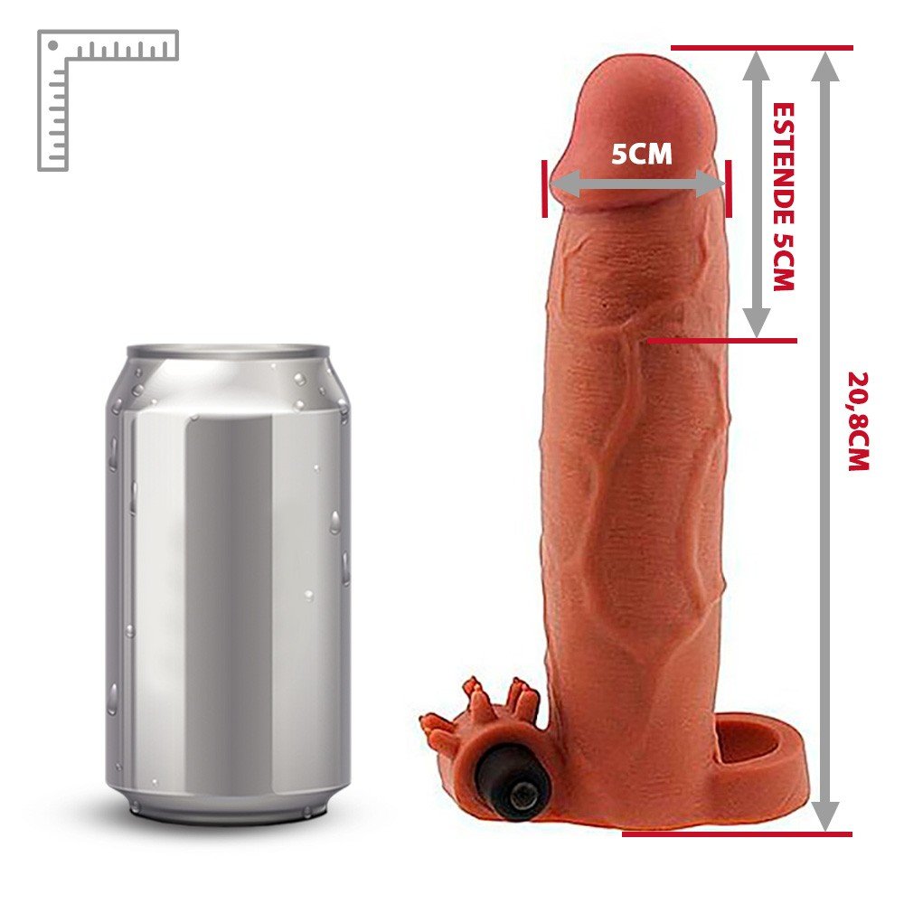 Capa Peniana com Extensor em Cyberskin Vibro e Anel para Escroto Marrom | Foto 06