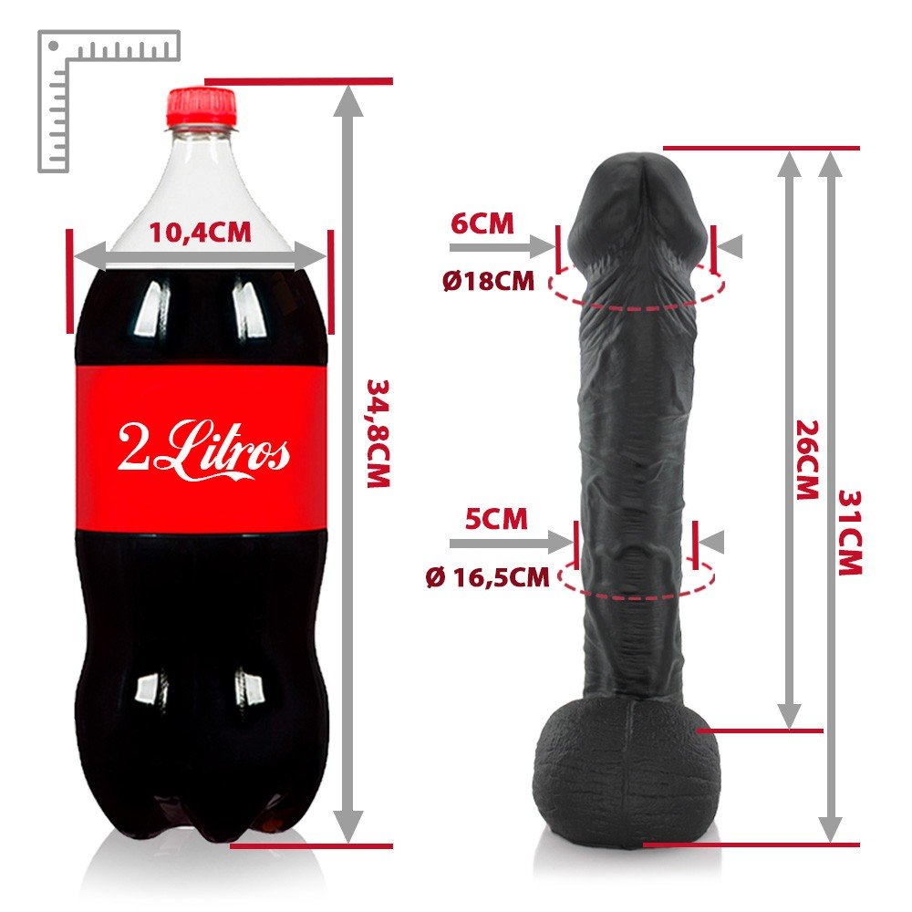 Base do P�nis Real�stico em PVC Flex�vel Cabe��o 31 x 6cm Preto, com detalhes do escroto e da �rea para cinta