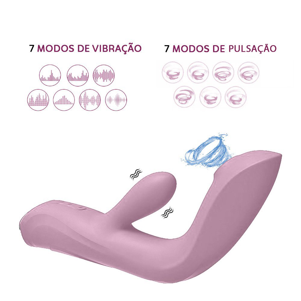 Vibrador Feminino Recarreg�vel Rosa destacando 7 modos de vibra��o e 7 modos de pulsa��o de ar com design curvado