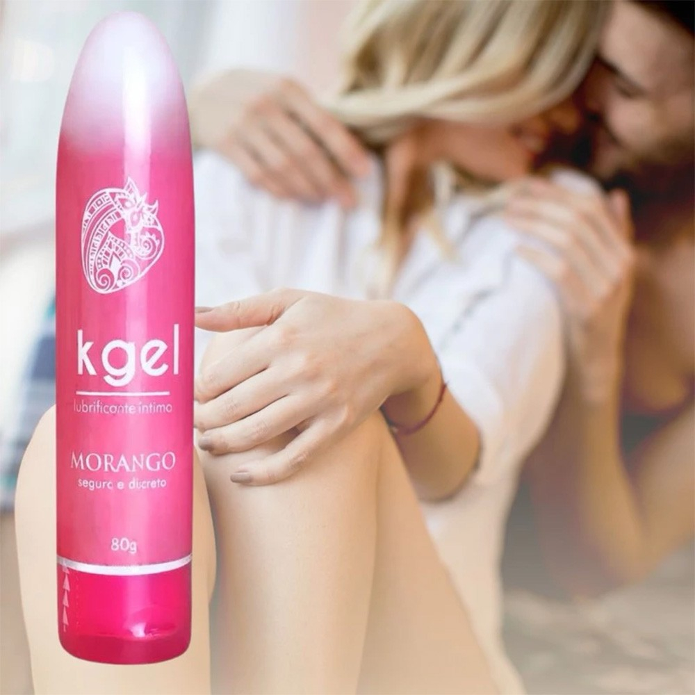Gel Lubrificante �ntimo Morango � Base de �gua 80ml em primeiro plano, com casal borrado ao fundo em momento �ntimo