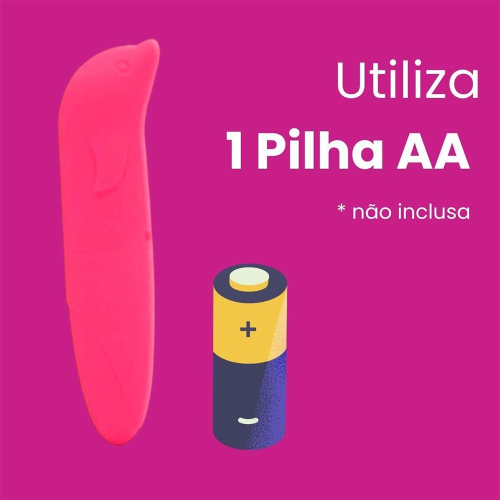 Vibrador Ponto G em Pl�stico R�gido com Formato de Golfinho Rosa, mostrando o compartimento da pilha