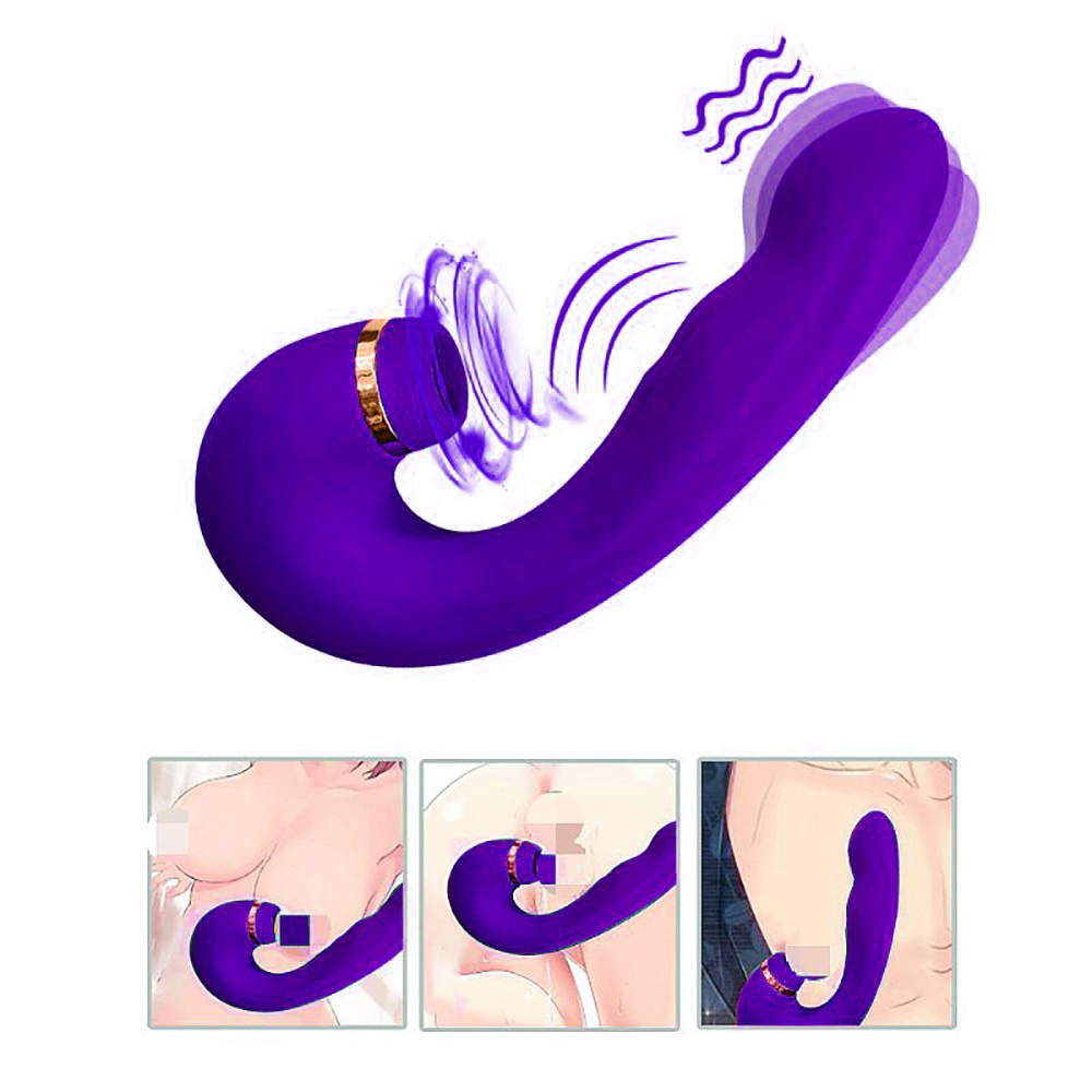 Vibrador Duplo Recarreg�vel Silicone Air Pulse 2 Roxo em uso, mostrando a haste vibrat�ria para ponto G e a c�mara Air Pulse para clit�ris
