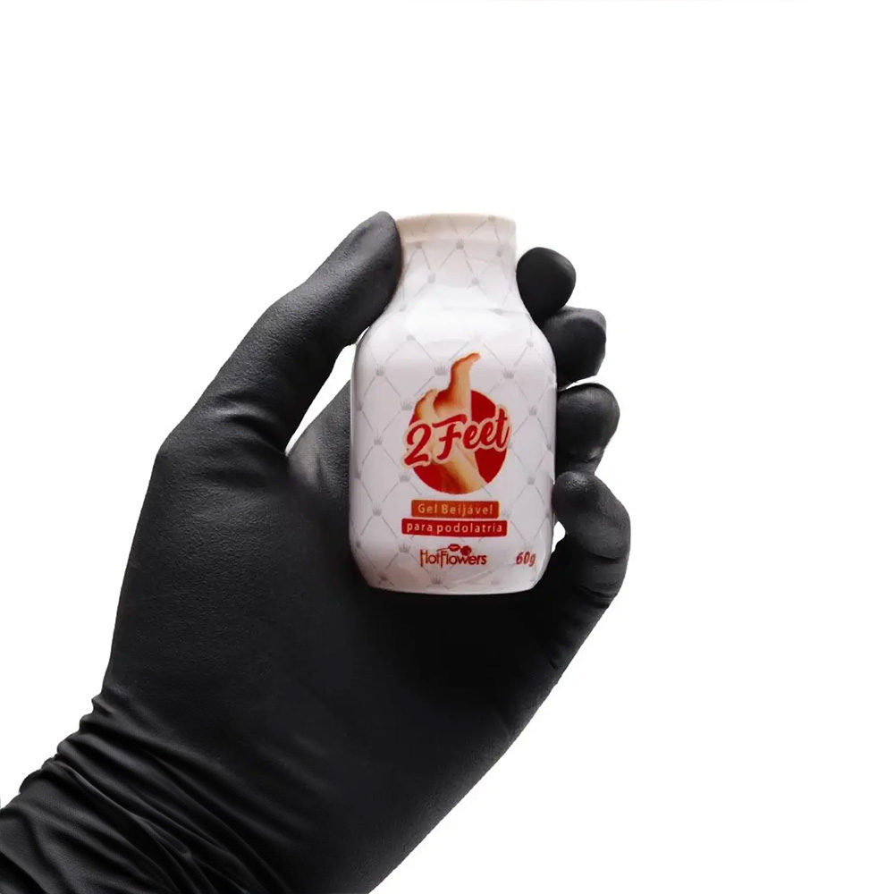 Frasco do Gel para Massagem 2 Feet Beij�vel Sabor Manga em vista lateral, com foco nos detalhes do design