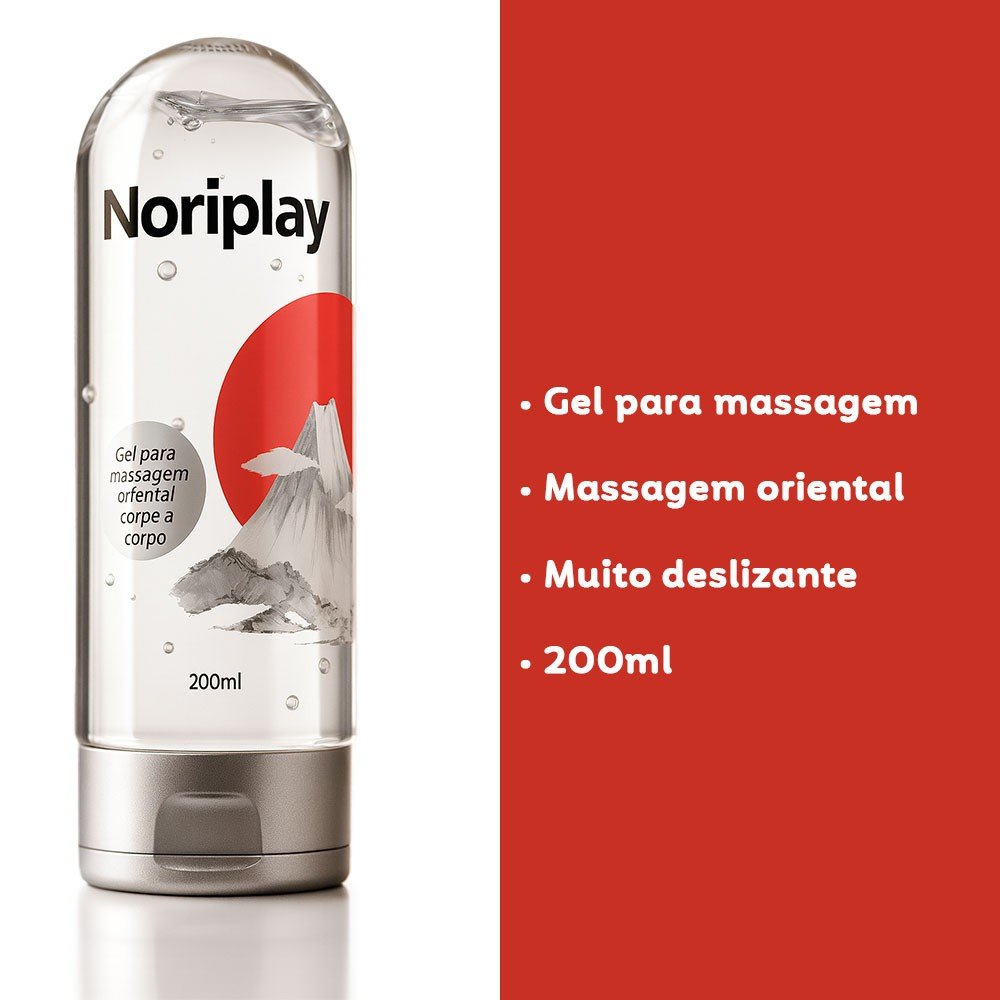 Noriplay Gel NURU para Massagem Oriental Corpo a Corpo e lista de benef�cios como 'Gel para massagem', 'Massagem oriental', 'Muito deslizante', '200ml'.
