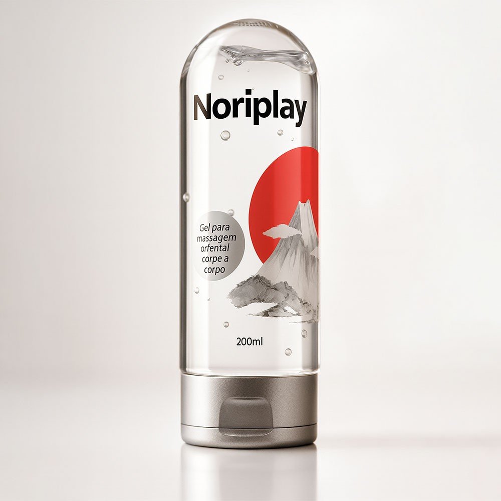 Frasco de Noriplay Gel NURU para Massagem Oriental Corpo a Corpo, 200ml, com tampa cinza, exibindo a transpar�ncia do gel.