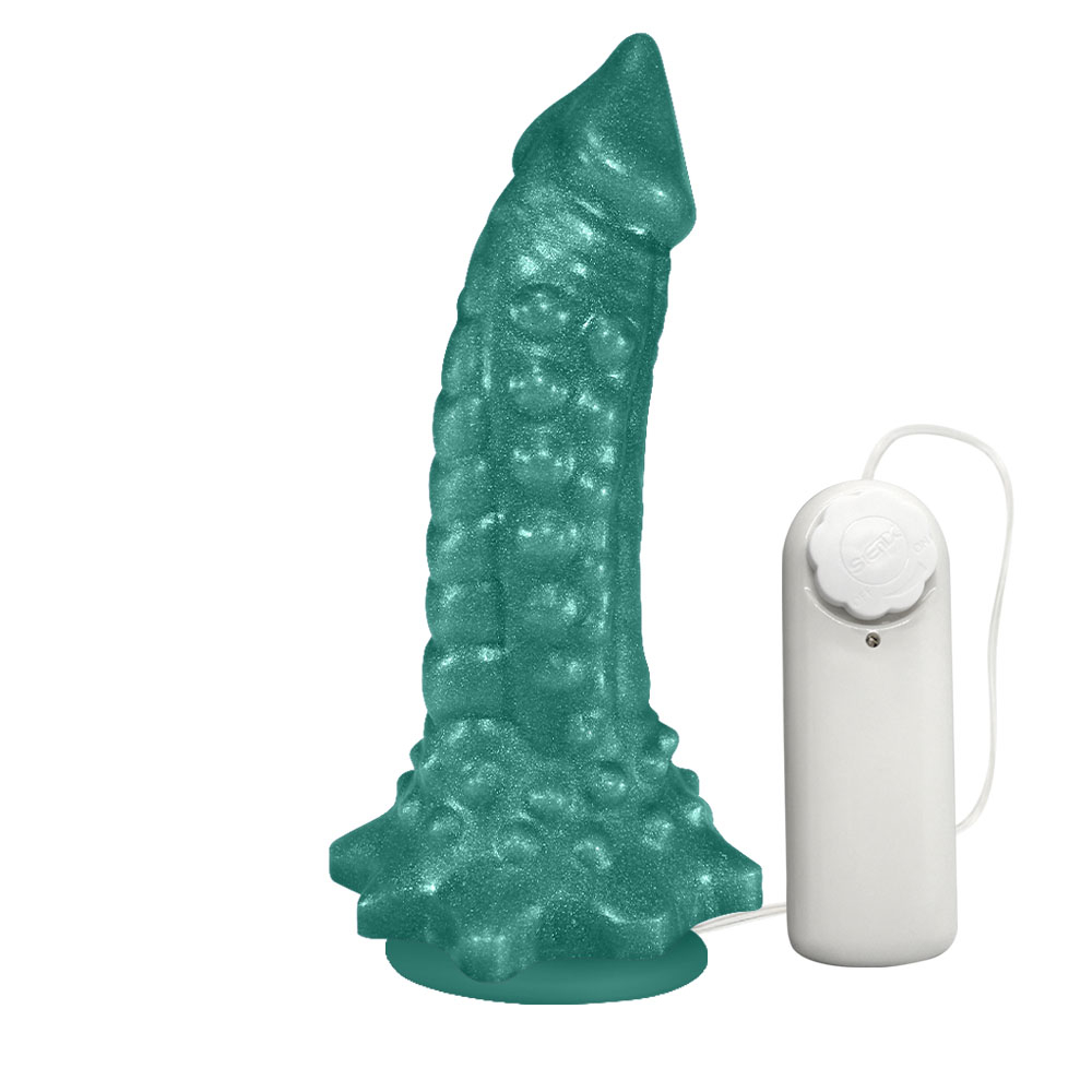 Pênis Feito em PVC Flexível com Massageador Reptile com Vibrador 18 x 4,5cm Verde Cintilante | Foto 02