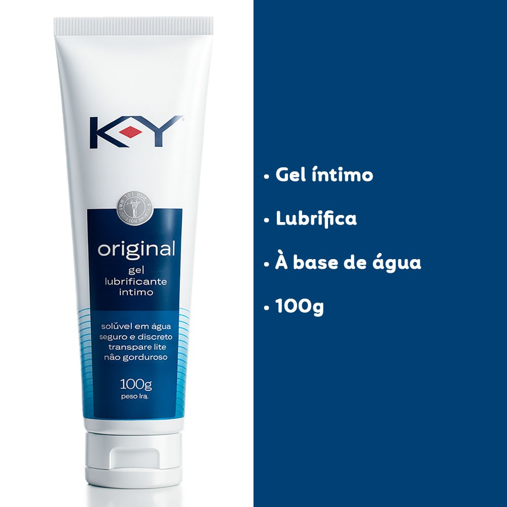 KY Lubrificante 100g ao lado de caracter�sticas como gel �ntimo, lubrifica, � base de �gua, 100g