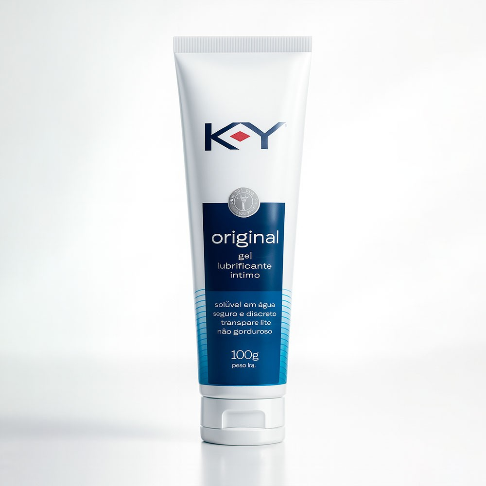 Vista frontal do KY Lubrificante 100g, gel lubrificante �ntimo, em fundo branco, destacando marca e informa��es principais