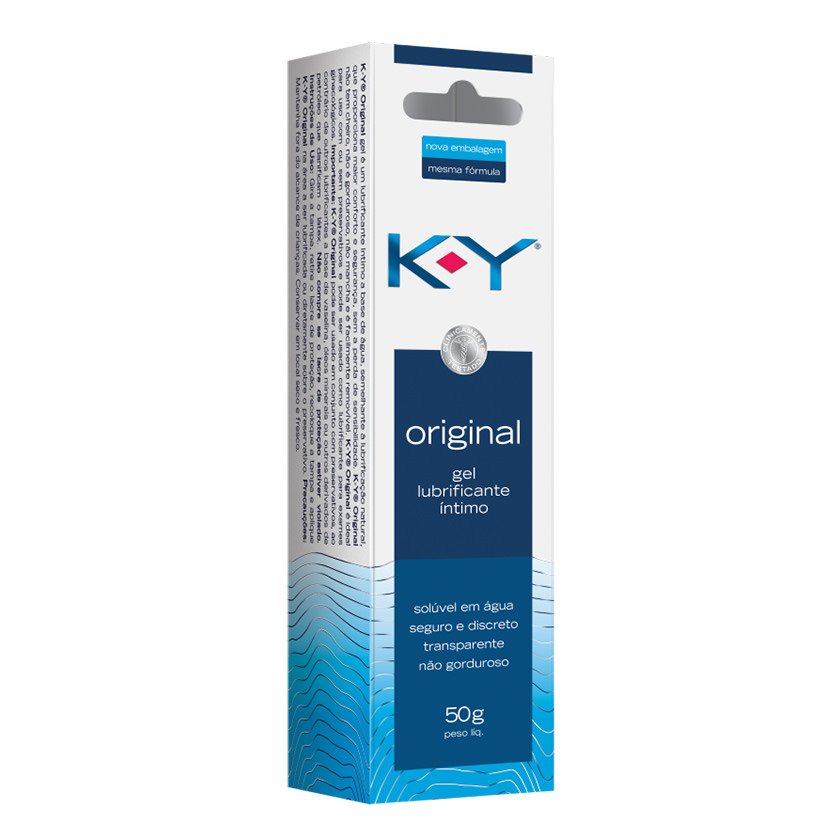 KY Lubrificante 50g na embalagem, exibindo a parte lateral da caixa com informa��es do produto e design das ondas azuis.