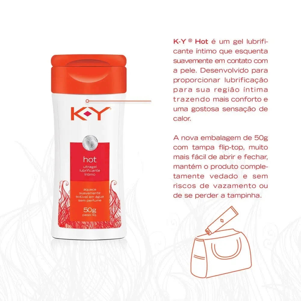 Frasco do KY Ultragel Lubrificante �ntimo Hot 50g com detalhes da tampa flip-top e a descri��o do produto