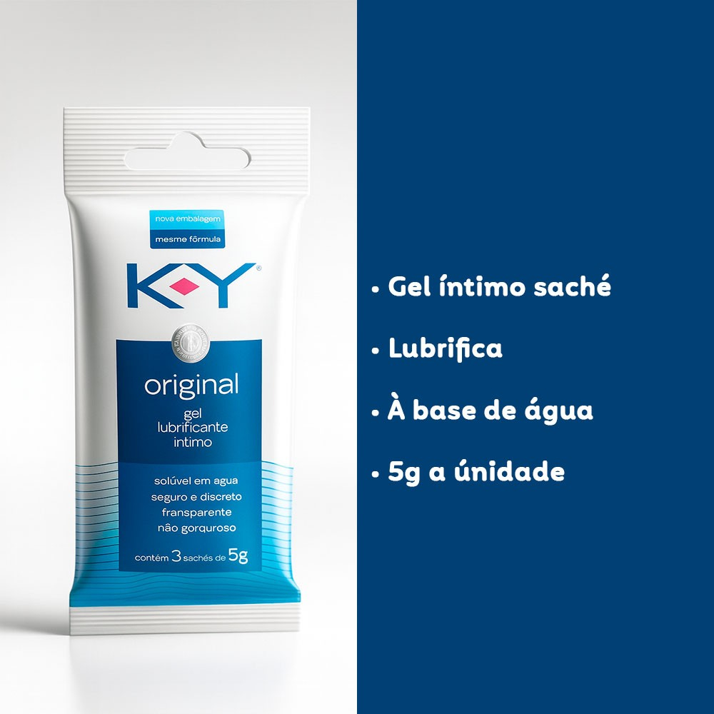 Kit de 3 sach�s de KY Lubrificante Original 5g com informa��es destacadas ao lado: 'Gel �ntimo sach�, Lubrifica, � base de �gua, 5g a unidade'
