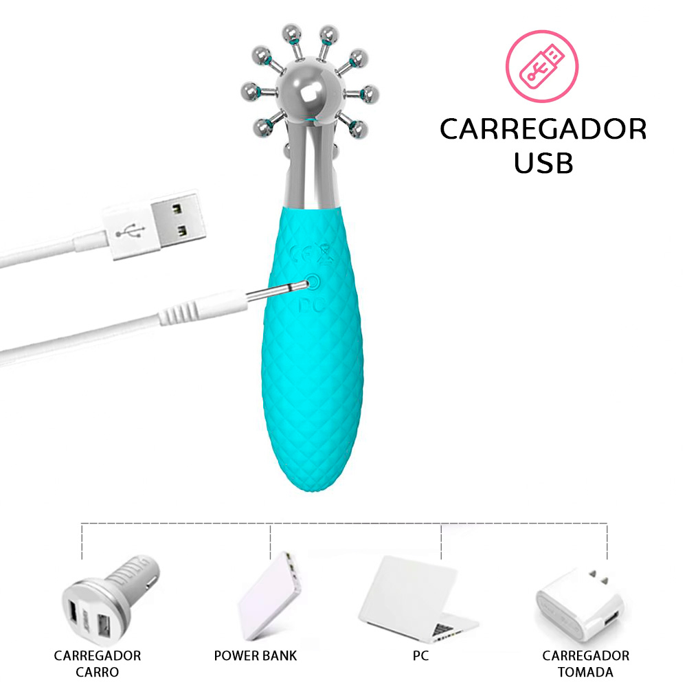 Vibrador Feminino recarreg�vel Cyan, em �ngulo que mostra o corpo de silicone texturizado e a ponta estimuladora