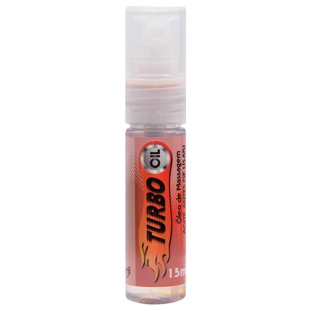 Turbo Oil Spray �leo Para Massagem 15ml - Frasco do �leo em posi��o vertical com foco no r�tulo