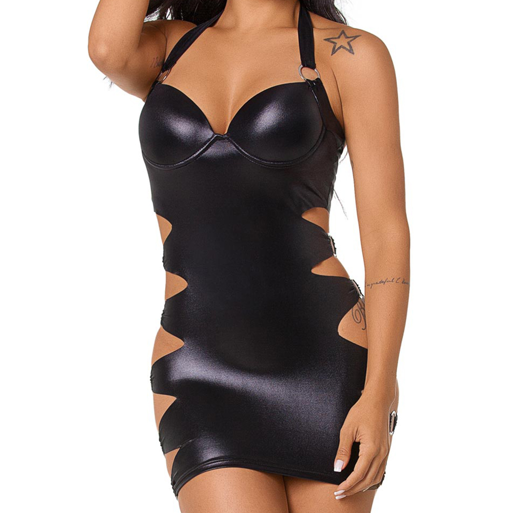 Detalhe do bojo do vestido sensual sexy cirr� preto, mostrando o suporte e o decote profundo.