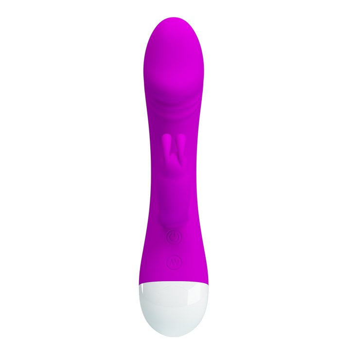 Vibrador duplo Roxo em vista frontal superior, mostrando a ponta curva para Ponto G e o coelho para clit�ris