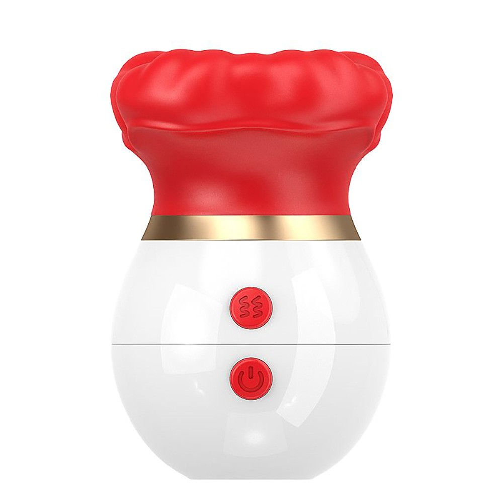 Sugador para Clit�ris Silicone Recarreg�vel em vista superior, mostrando a parte superior de suc��o vermelha em formato de l�bios e a base branca com bot�es de controle vermelhos.
