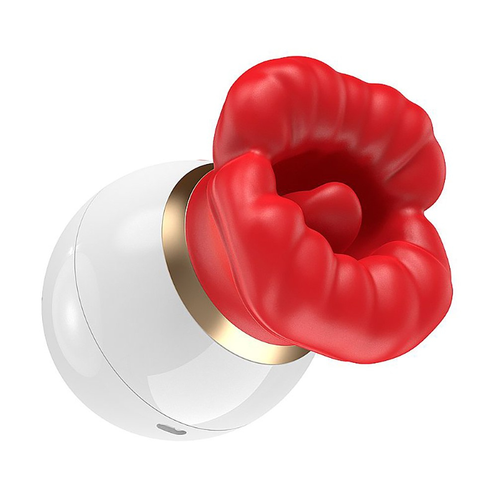 Sugador para Clit�ris Silicone Recarreg�vel em vista lateral com a porta de carregamento USB vis�vel, corpo branco e detalhes dourados.