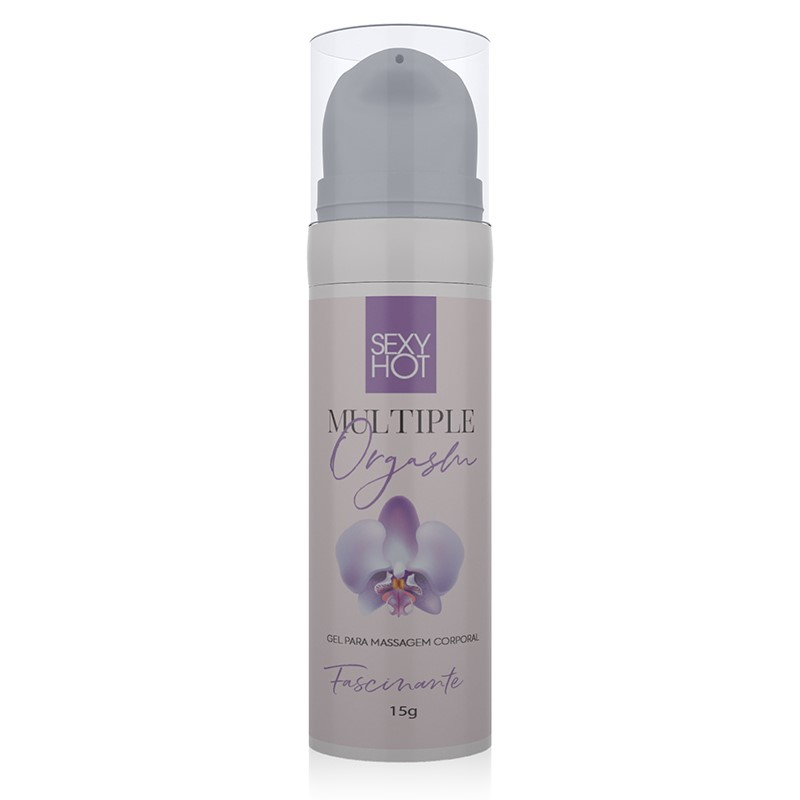 Frasco individual do Gel Excitante Feminino Multiple Orgasm Sexy Hot, com r�tulo, orqu�dea roxa e informa��es de 15g.
