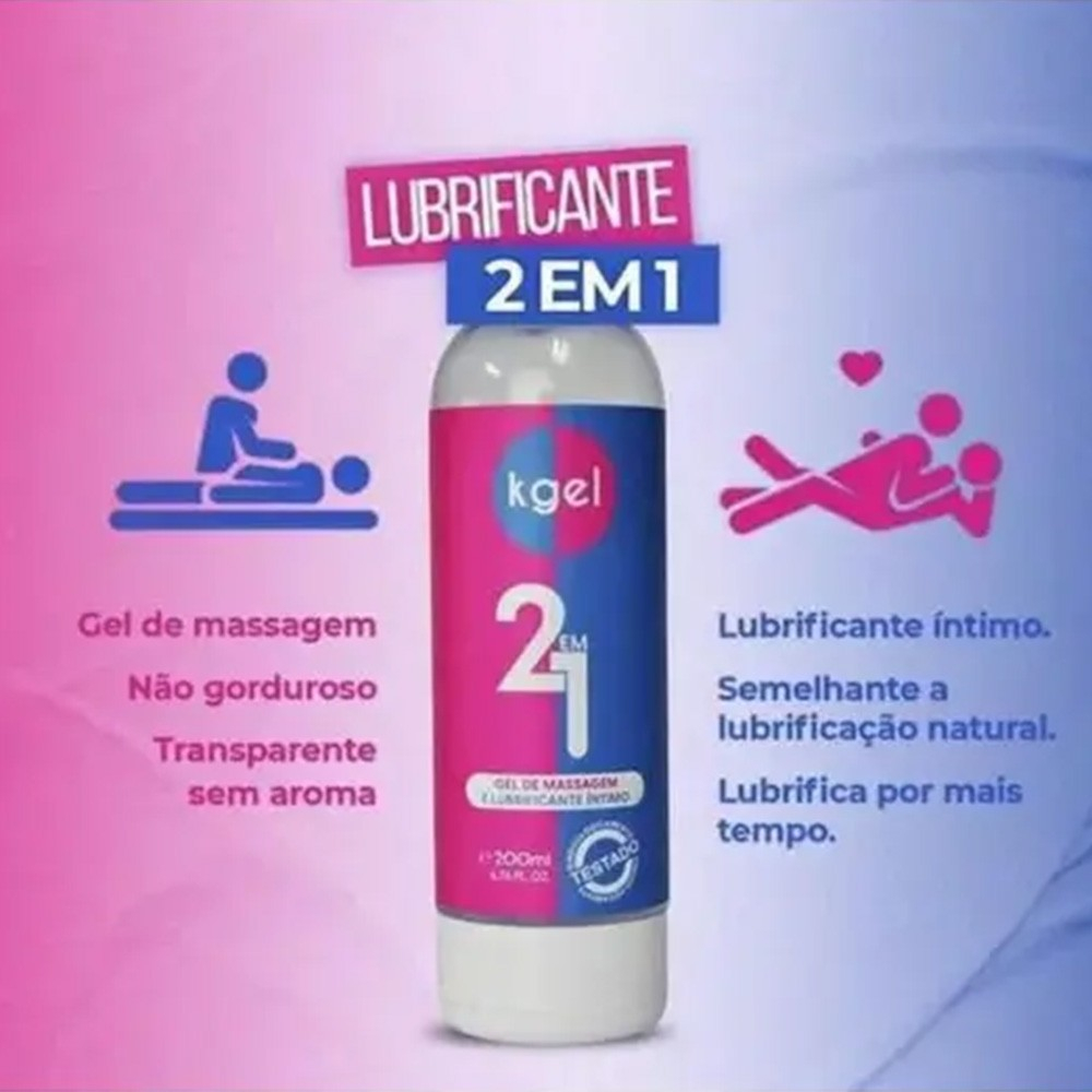 Frasco de Lubrificante Kgel 2 em 1 com ilustra��es mostrando suas fun��es de gel de massagem e lubrificante �ntimo, destacando que � n�o gorduroso, sem aroma e lubrifica��o natural