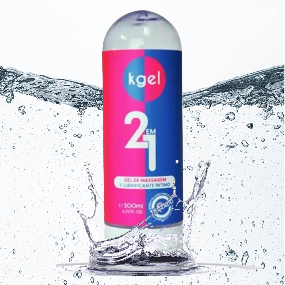 Frasco de Lubrificante Kgel 2 em 1 em ambiente aqu�tico, com respingos de �gua, simbolizando sua base de �gua