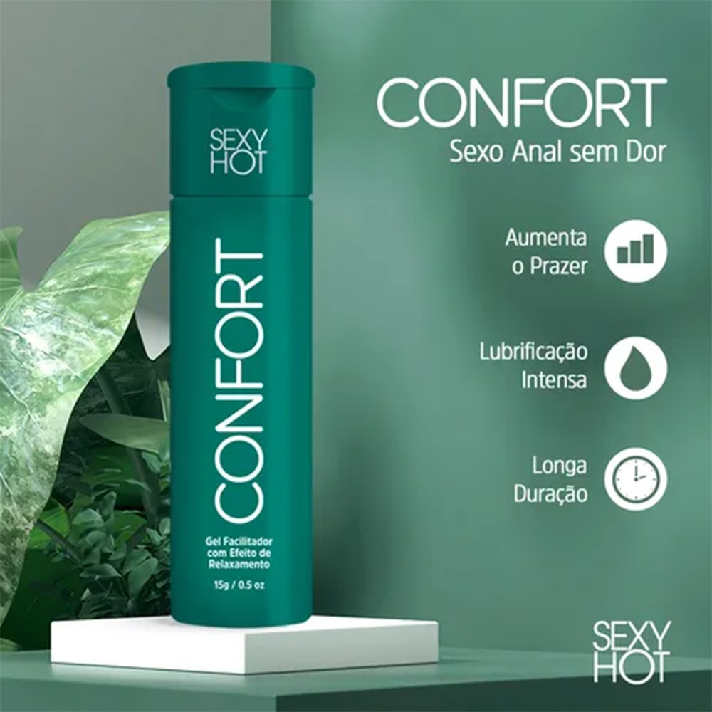 Gel para Massagem Corporal Confort Dessensibilizante Anal - Frasco verde com indica��es de 'Aumenta o Prazer', 'Lubrifica��o Intensa' e 'Longa Dura��o'