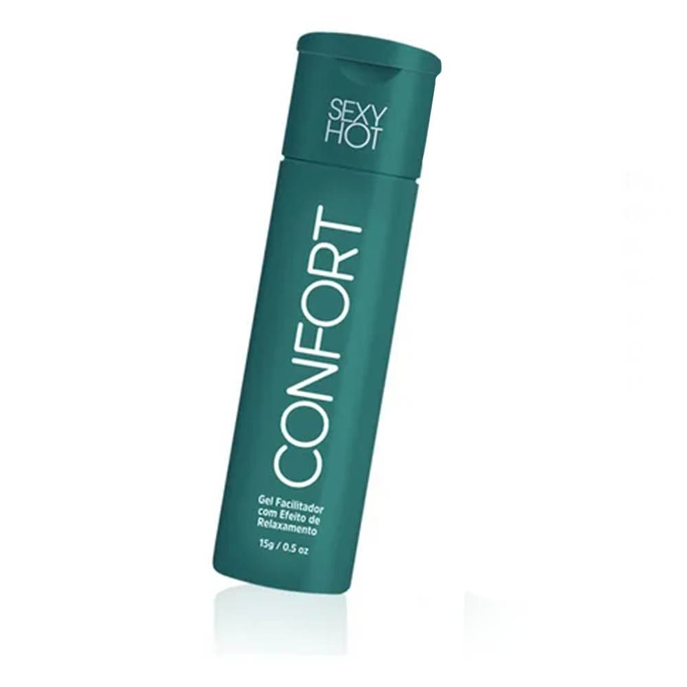 Gel para Massagem Corporal Confort Dessensibilizante Anal - Frasco verde em vista inclinada com etiqueta frontal