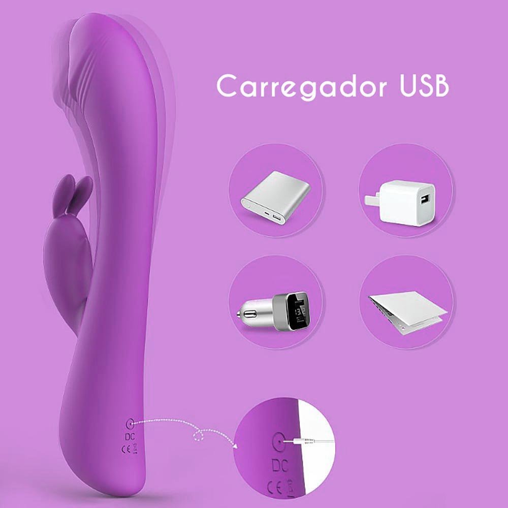 Detalhe do carregador USB do Vibrador Duplo Baby Bunny Roxo e como usar