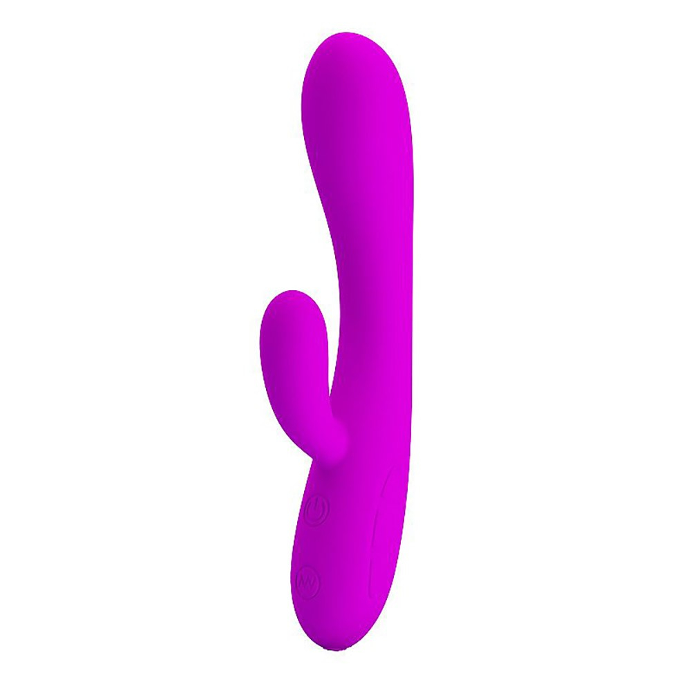 Vibrador Duplo Recarreg�vel Victor Pink, vista lateral destacando o design ergon�mico de coelhinho e os bot�es de controle