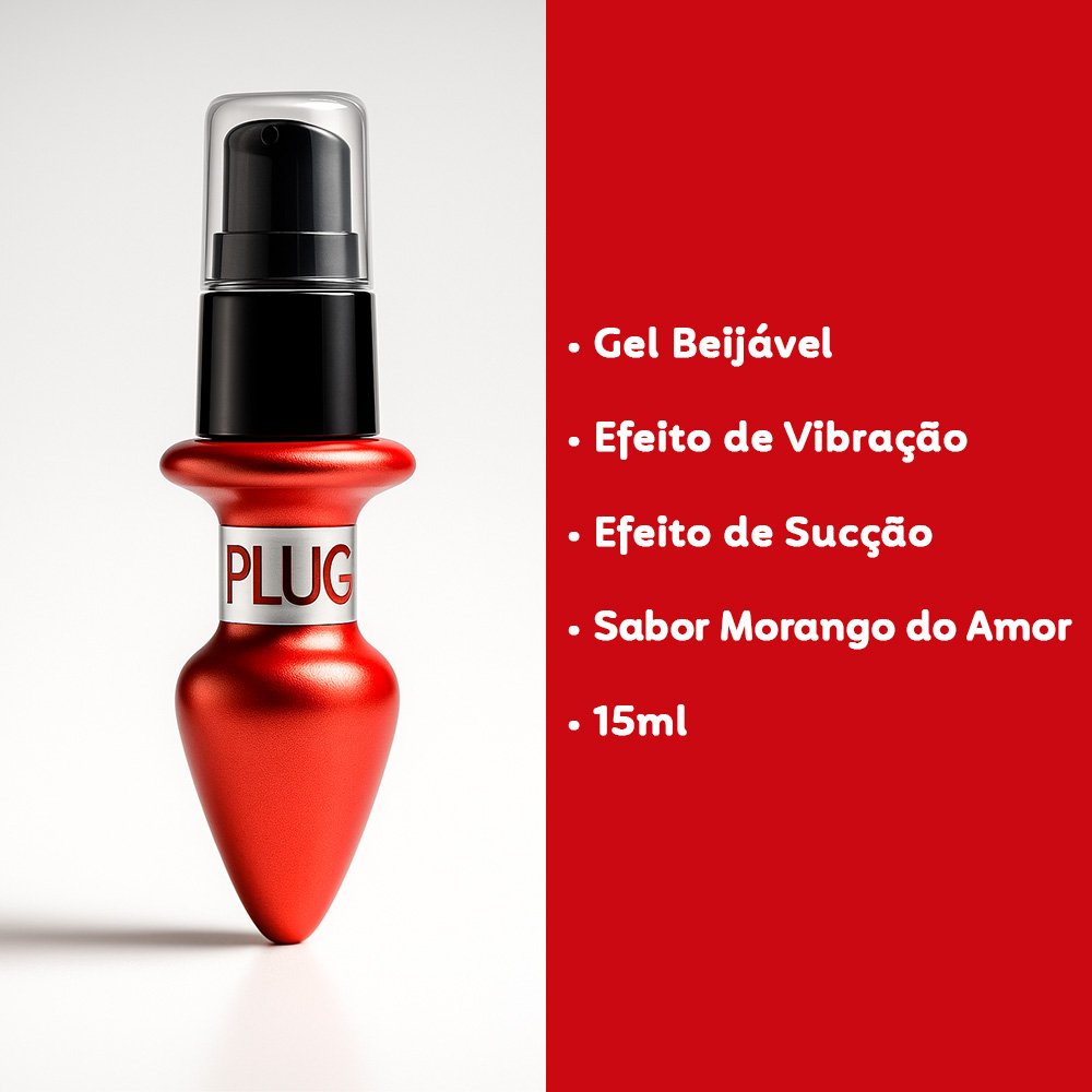 Vibrador L�quido Beij�vel Aroma e Sabor Morango do Amor 15ml, frasco vermelho met�lico com dosador preto, ao lado de lista de caracter�sticas em fundo vermelho.