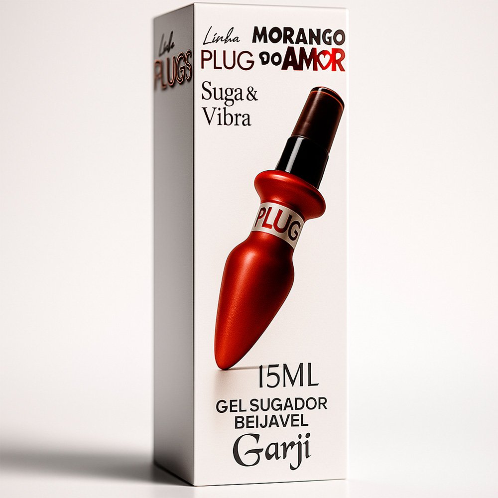 Vibrador L�quido Beij�vel Aroma e Sabor Morango do Amor 15ml, frasco vermelho met�lico com dosador preto, inclinado, em fundo suave.