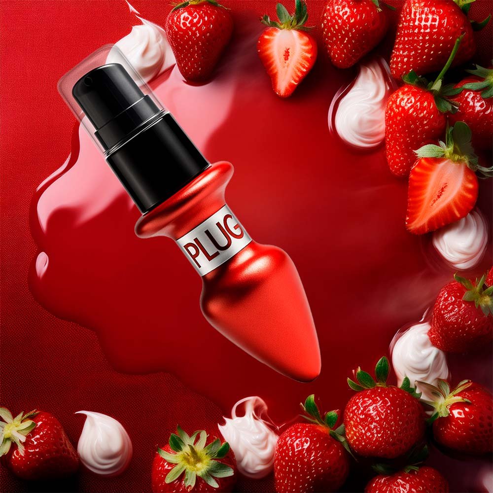 Dois frascos do Vibrador L�quido Beij�vel Aroma e Sabor Morango do Amor 15ml, um em p� e outro deitado, ambos vermelhos met�licos, em fundo branco.