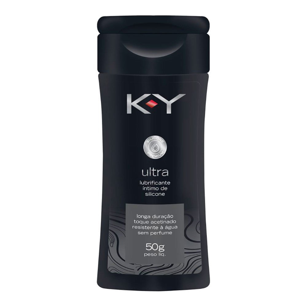 KY Ultra Lubrificante �ntimo de Silicone 50g, caixa e frasco juntos, detalhando embalagem e produto.