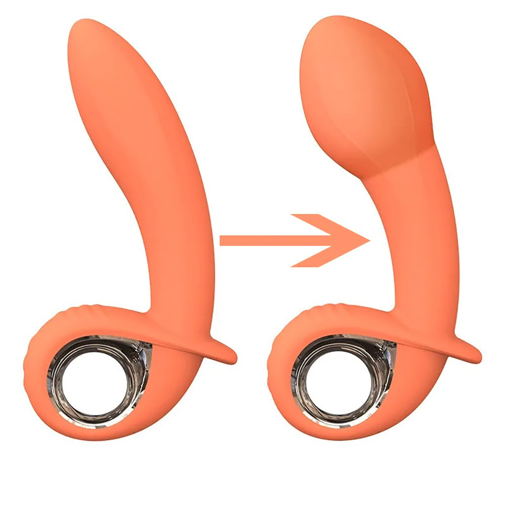 Vibrador Klein Laranja mostrando a ponta em estado normal e inflado com flecha indicativa