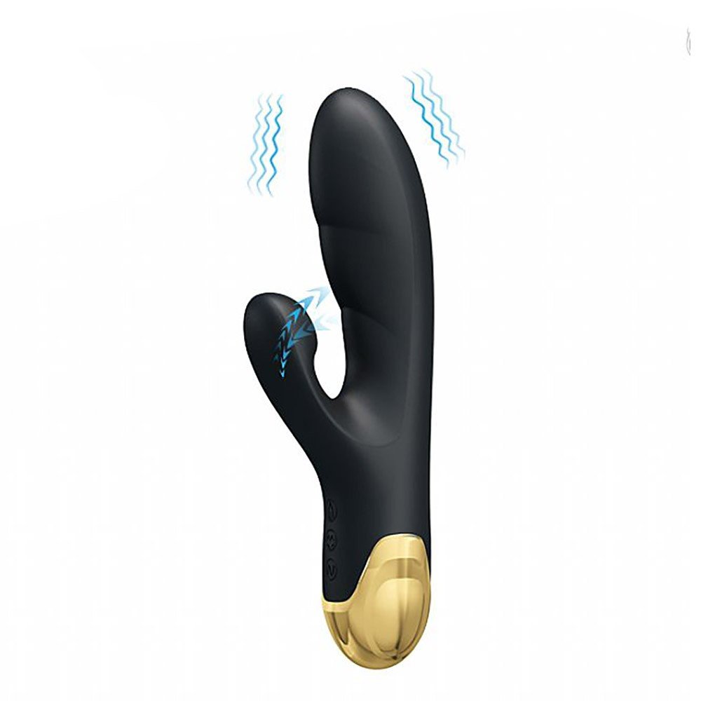 Vibrador Duplo Recarreg�vel Preto com Ouro 18K com luzes azuis e desenho de ondas com embalagem em vista lateral