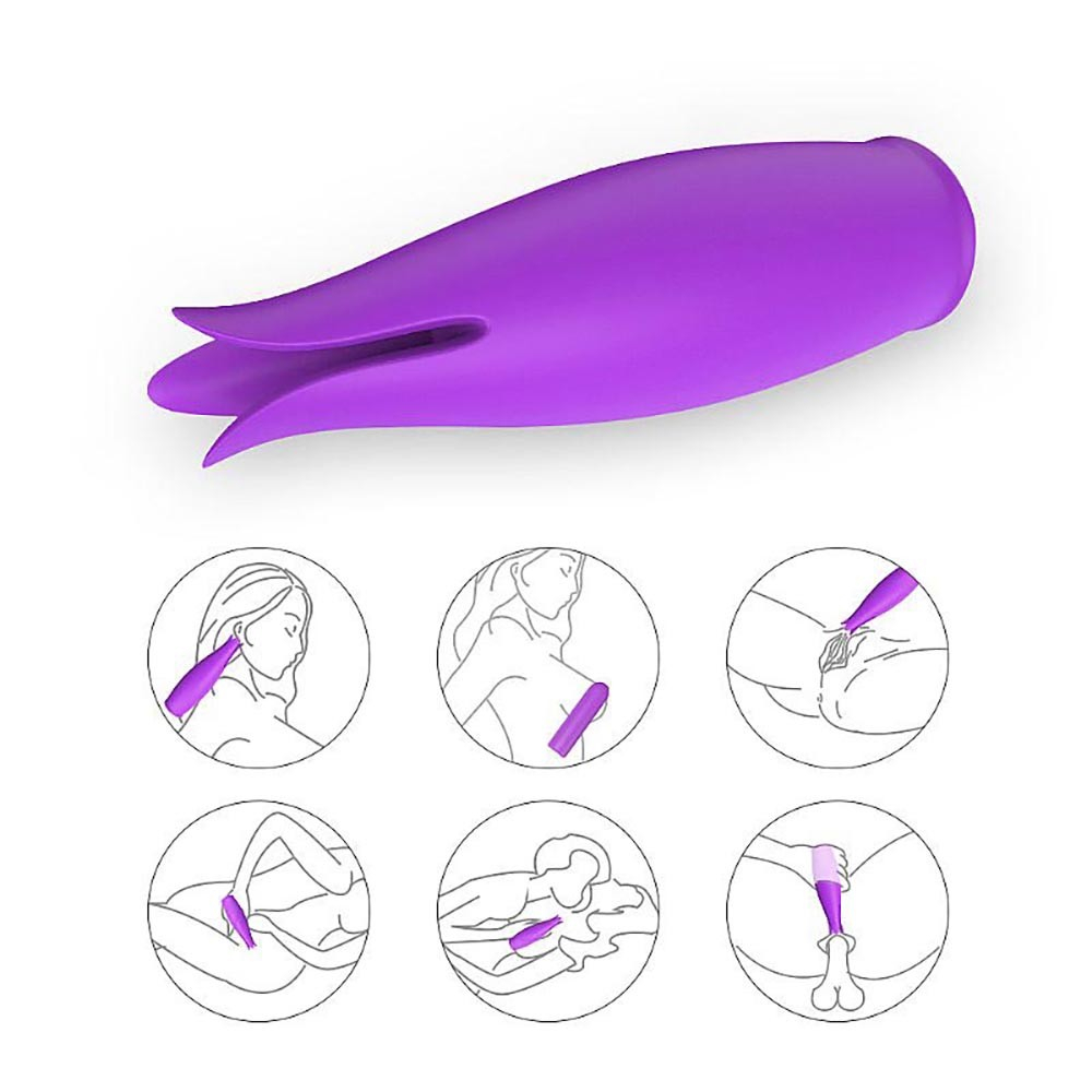 Vibrador Bullet em Silicone Recarreg�vel com 9 Vibra��es e Capa Massageadora Bud Roxo - Ilustra��es de modos de uso da capa