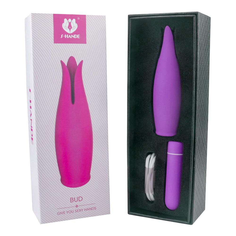 Vibrador Bullet em Silicone Recarreg�vel com 9 Vibra��es e Capa Massageadora Bud Roxo - Vista geral do vibrador montado