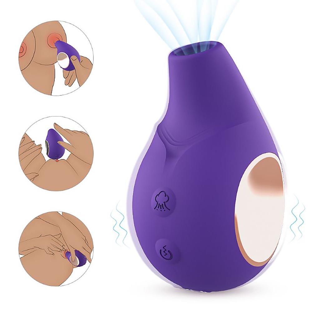 Vibrador Discreto em Silicone Recarreg�vel com 9 Vibra��es George Roxo - Imagem ilustrativa mostrando modos de uso em mamilos e cl�toris.