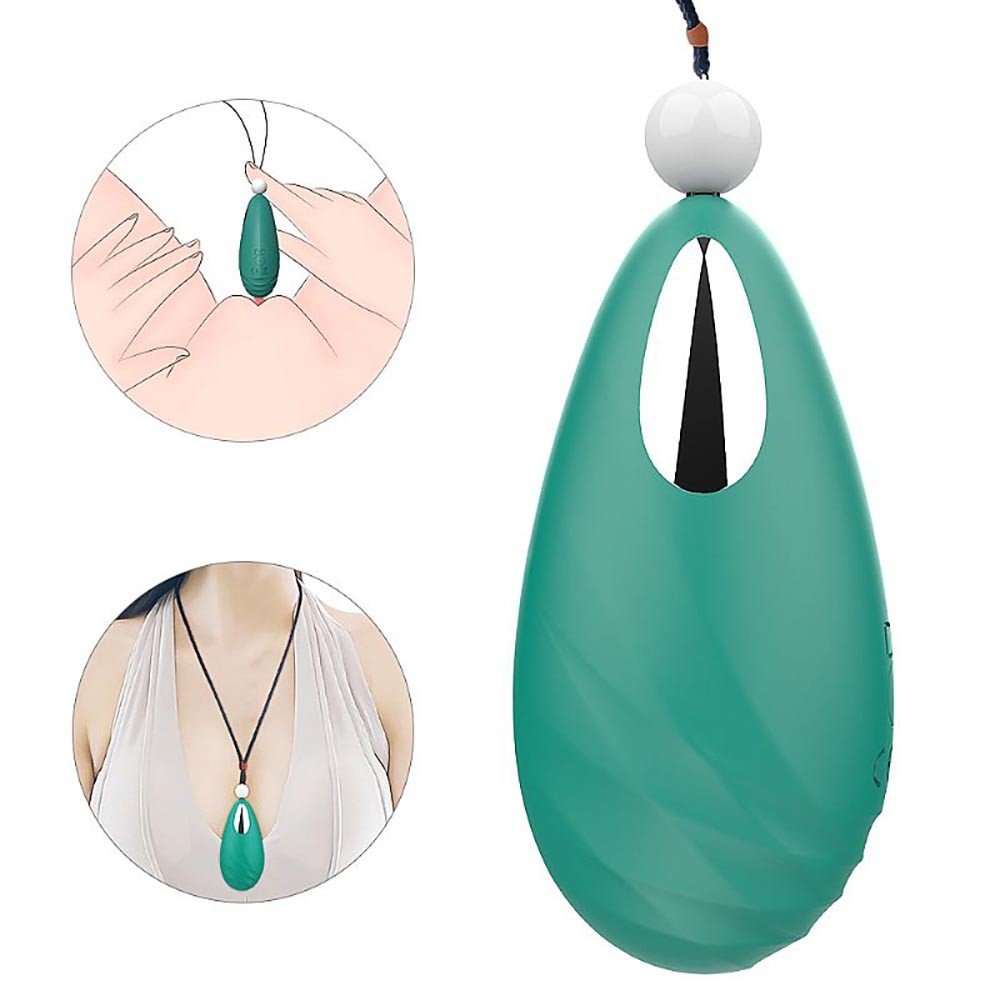 Vibrador Discreto Beryl Verde, ilustrando o uso como colar e a aplica��o na �rea �ntima para estimula��o