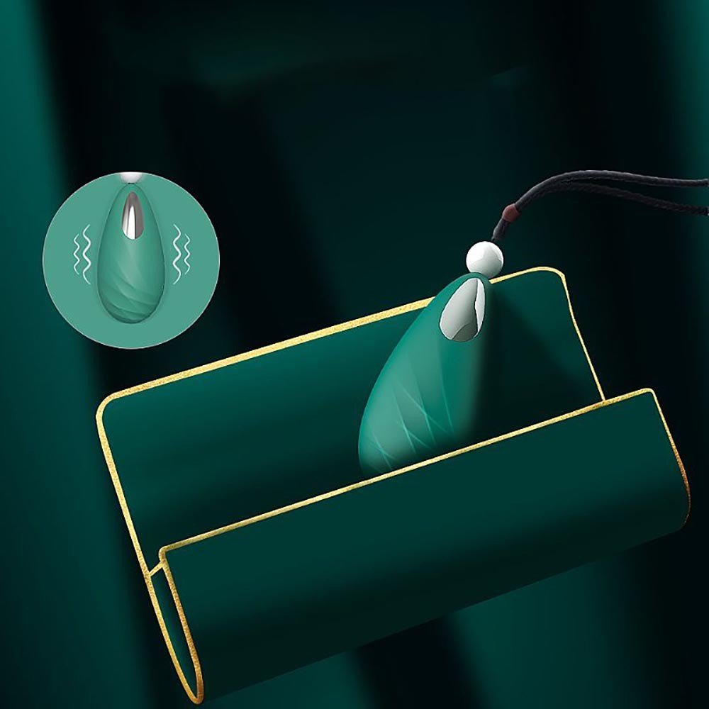 Vibrador Discreto Beryl Verde, mostrando a embalagem e a luz que indica os modos de vibra��o