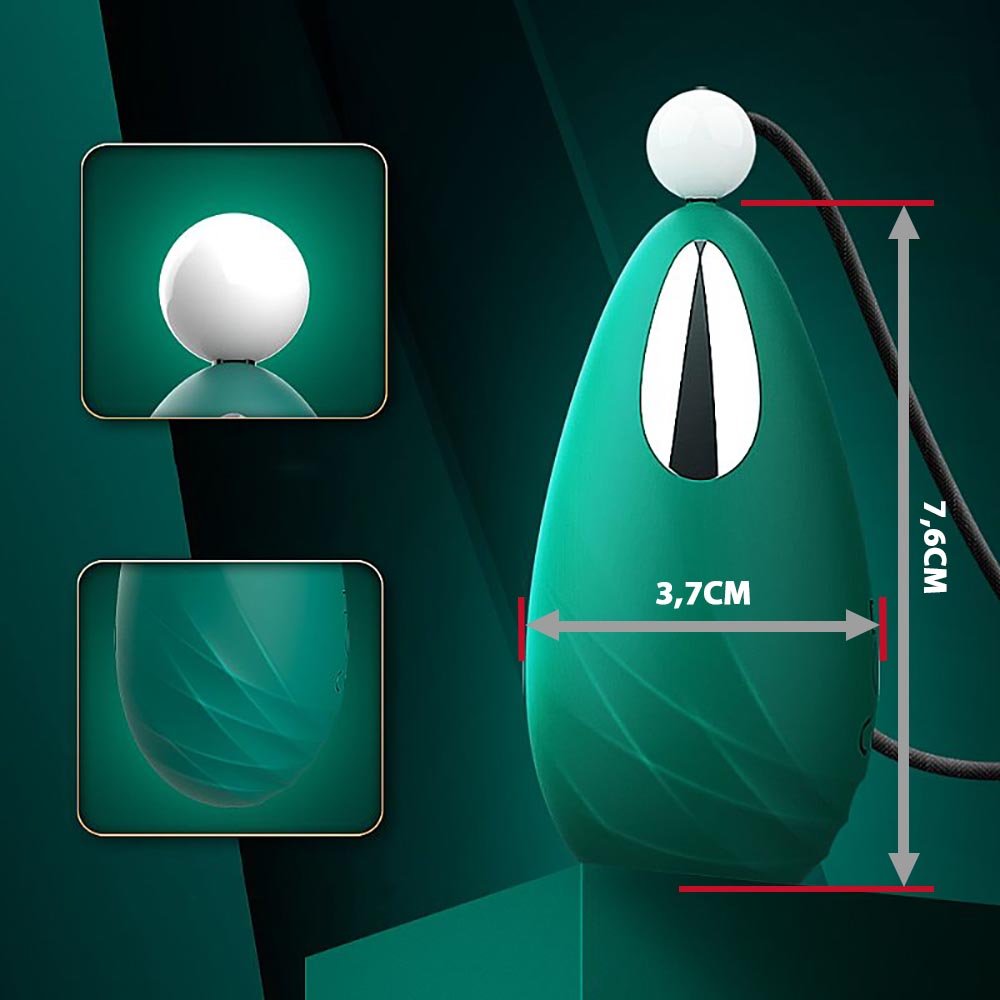 Vibrador Discreto Beryl Verde, em detalhe, com o cabo USB para carregamento magn�tico e os controles de vibra��o