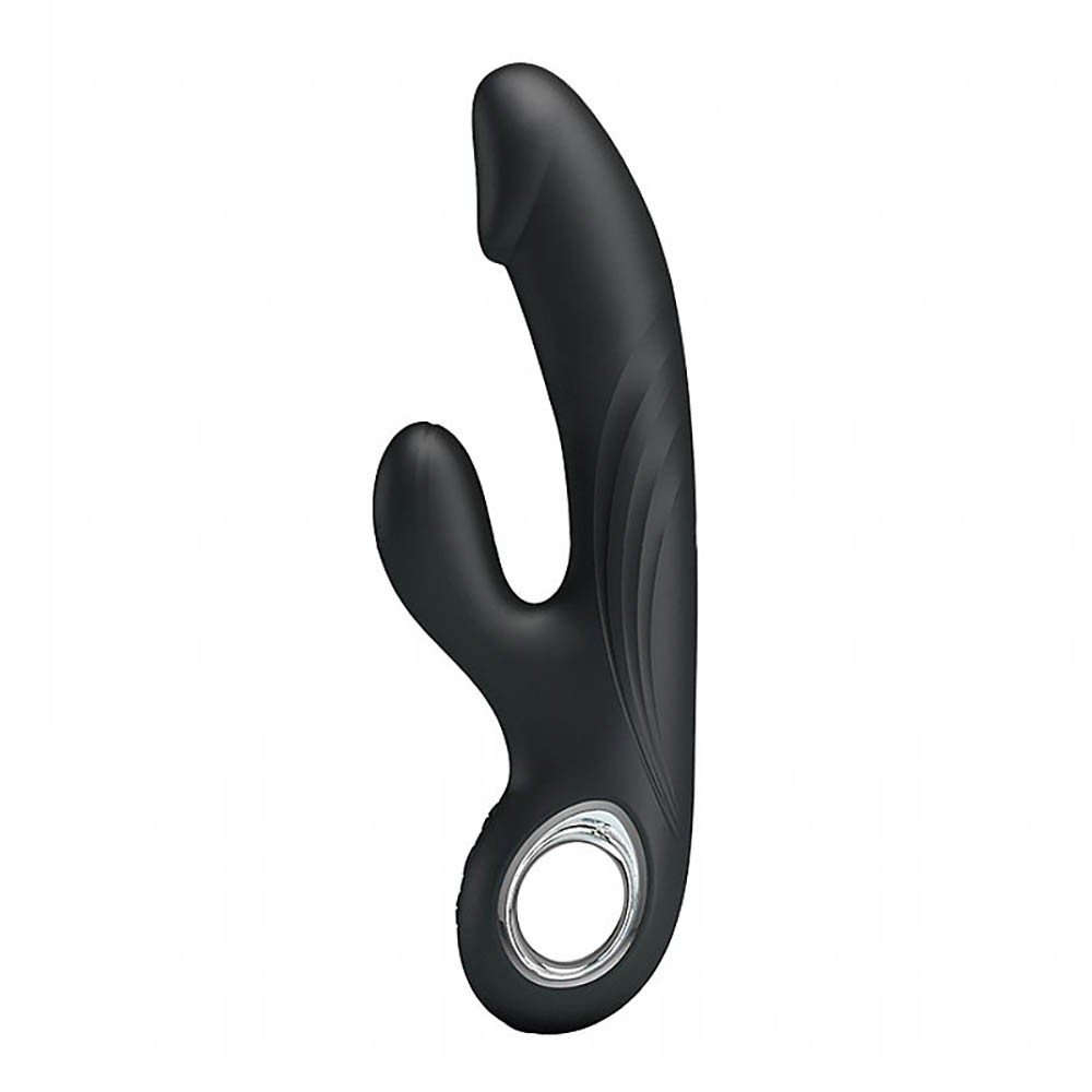Vista lateral do Vibrador Duplo Selene Preto, detalhando o design ergon�mico e os controles de vibra��o