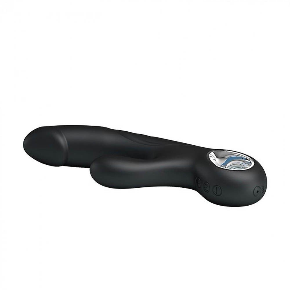 Vibrador Duplo Recarreg�vel em Silicone Selene Preto deitado, mostrando a base com o ponto de recarga USB e os bot�es de controle