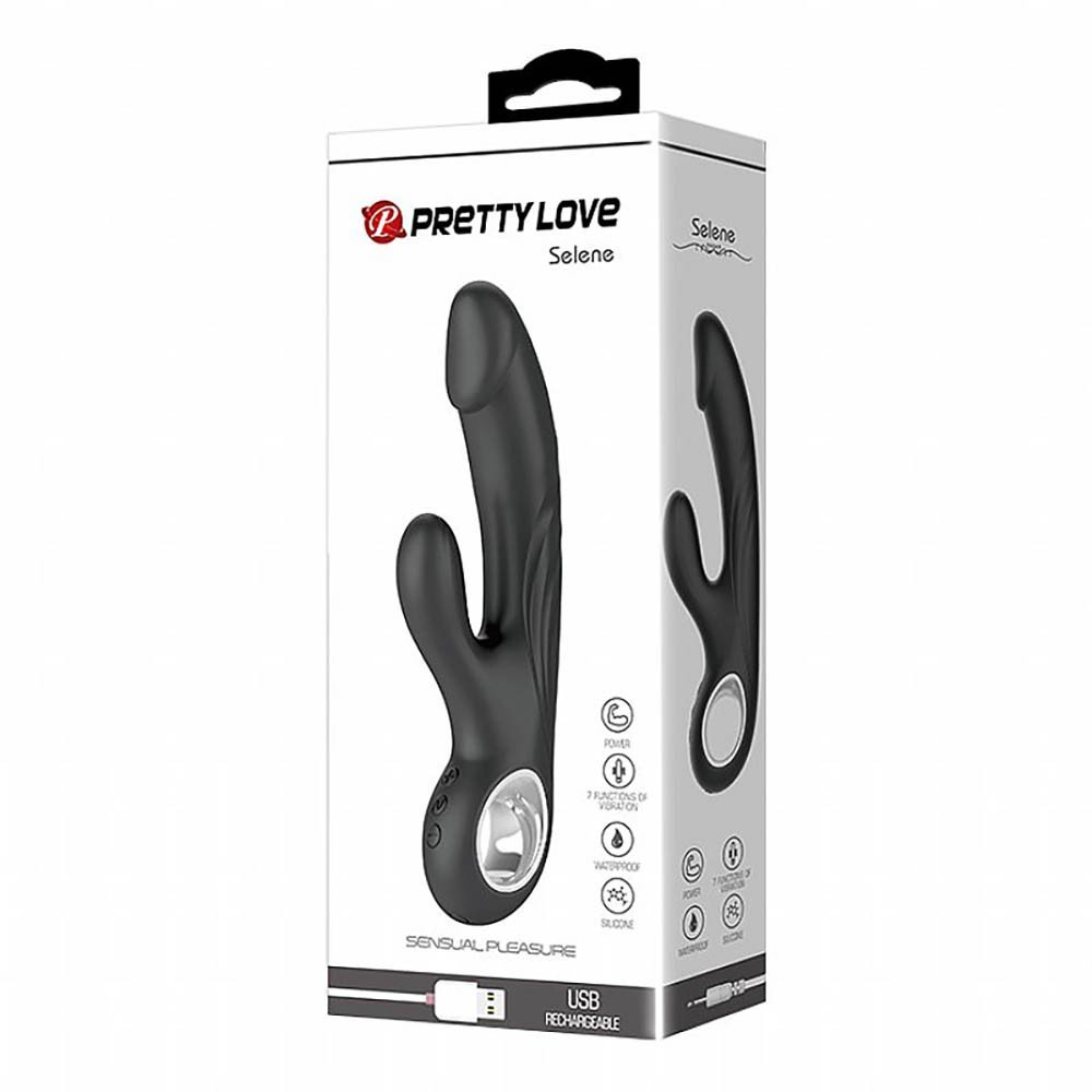 Vibrador Duplo Recarreg�vel Selene Preto na embalagem, mostrando um �ngulo diferente do produto e as informa��es t�cnicas