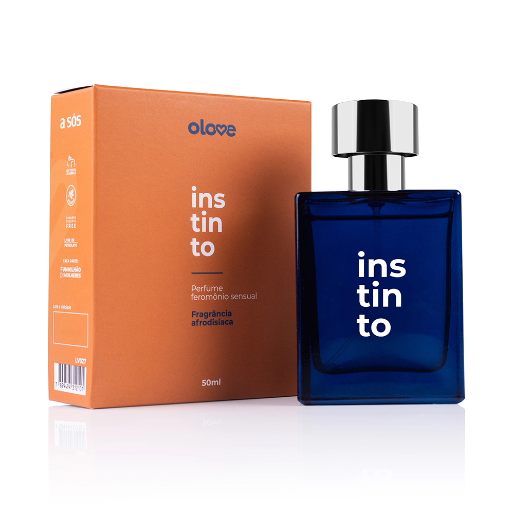 Frasco do perfume Olove Instinto em destaque com a caixa ao lado, ambos com branding Olove e Instinto