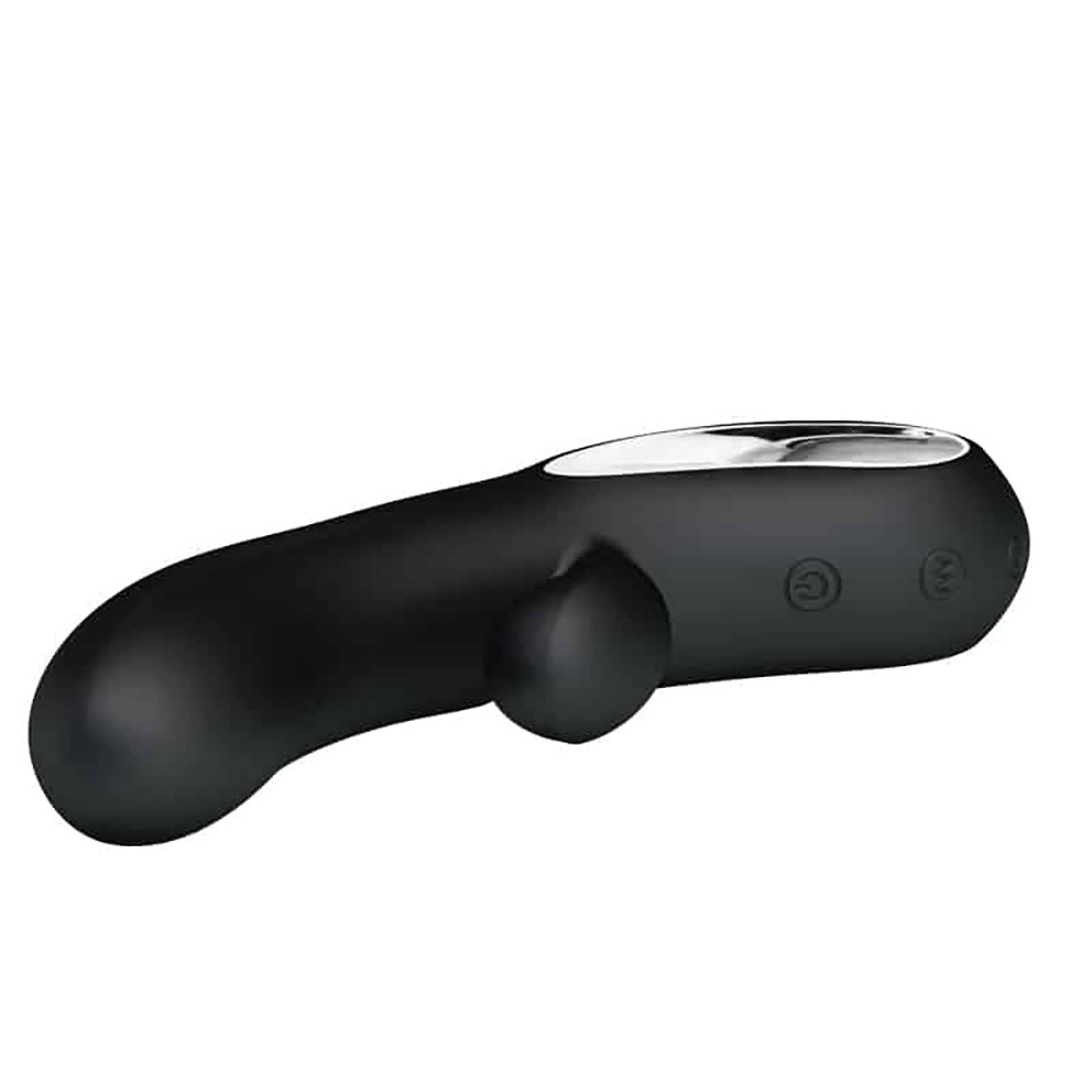 Vista lateral do Vibrador Duplo Recarreg�vel Elmer Preto, evidenciando o painel de controle dos modos de vibra��o.