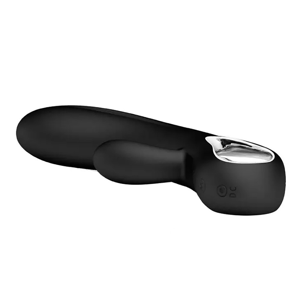 Vista traseira do Vibrador Duplo Recarreg�vel Elmer Preto, mostrando a porta de carregamento e o acabamento em silicone.