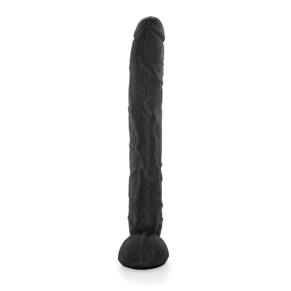 P�nis Gigante e Grosso Flex�vel com Escroto Neg�o da Picona 37 x 5cm Preto em vista frontal, mostrando toda a sua extens�o e o escroto na base
