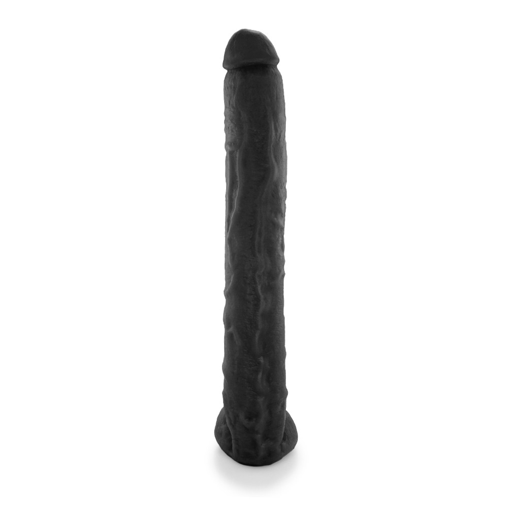 P�nis Gigante e Grosso Flex�vel com Escroto Neg�o da Picona 37 x 5cm Preto em vista posterior, destacando a textura do material e a glande