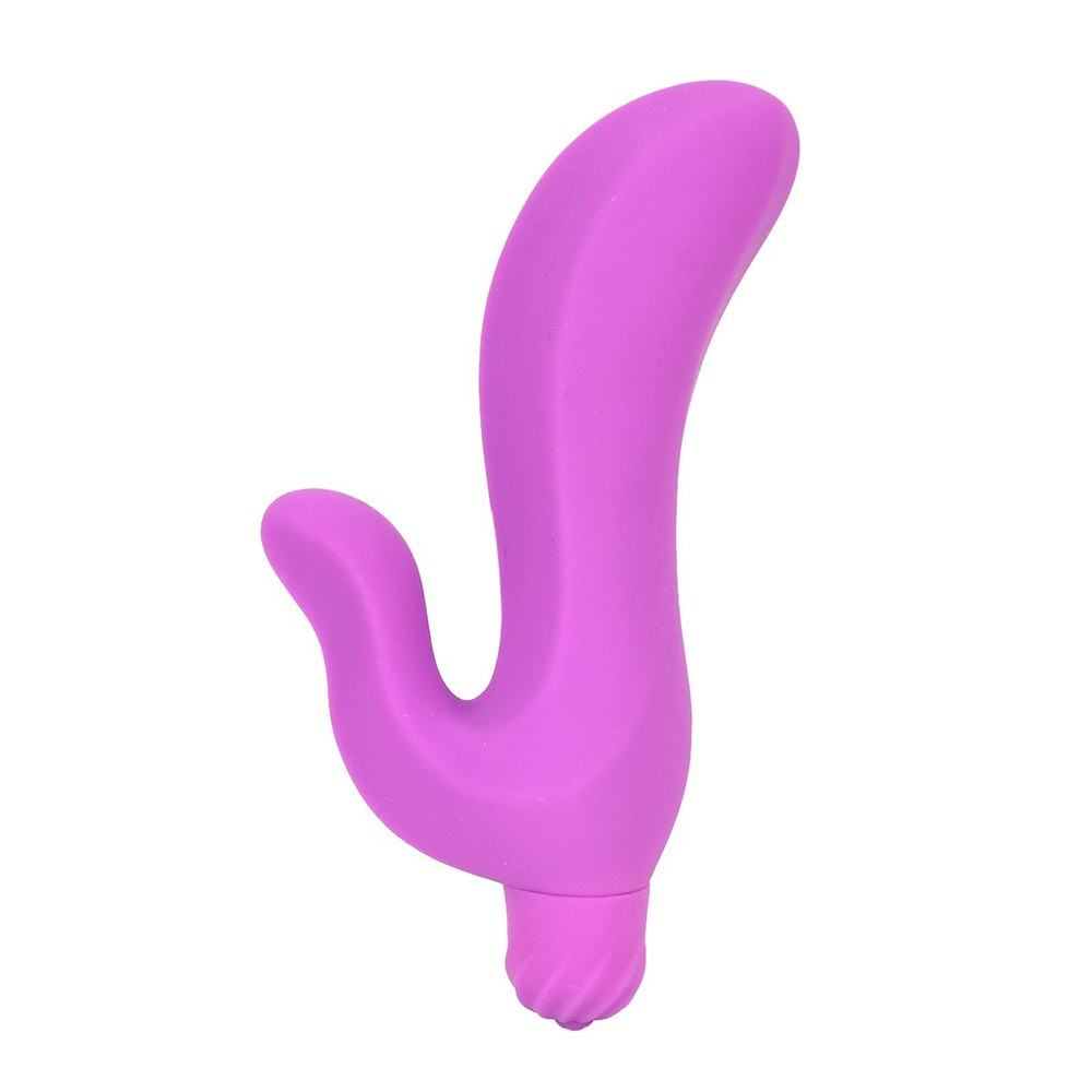 Vibrador Duplo em Silicone com Vibro Pink e a caixa, revelando o design ergon�mico